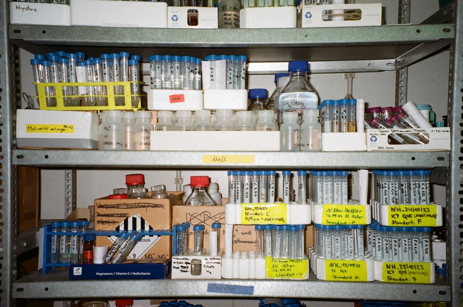 Neatly arranged laboratory shelves filled with test tubes, vials, and bottles used for scientific experiments.