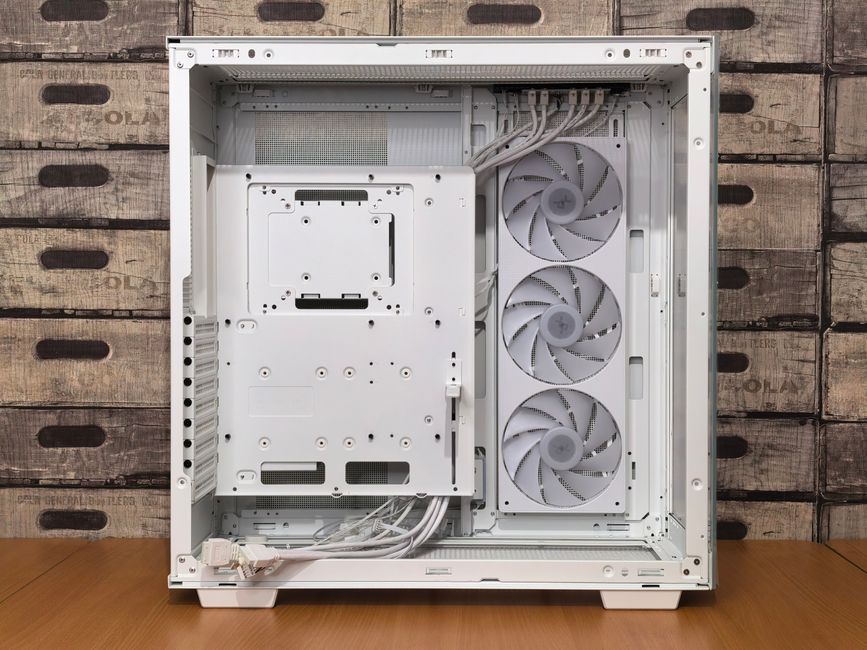 Sleek white computer case showcasing cooling fans, perfect for custom PC builds.
